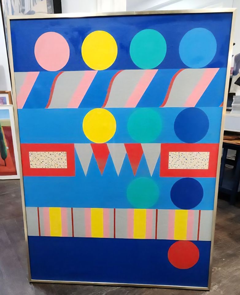 Vibrant Modernist abstract painting w/ strong geometric elements and bold color palette: The painting is an excellent condition. However, there is a small pinhole repair which is not immediately noticeable. Reserve: $250.00 Shipping: Domestic: Shipping rates are determined by destination 