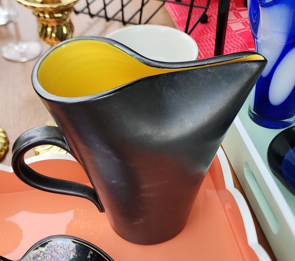 Pol Chambost mid-century ceramic sculptural art pitcher.: The pitcher has a distinctive shape and vibrant colors characteristic of Pol Chambost's work. Pol was a highly regarded French ceramist known for his modern and colorful designs. Pol Chambost created