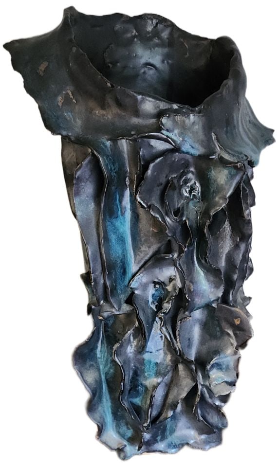 Vintage brutalist organic ceramic art vase w/ great black-b l ue glaze & texture. Initialed.15 x 5" (1 of 6)