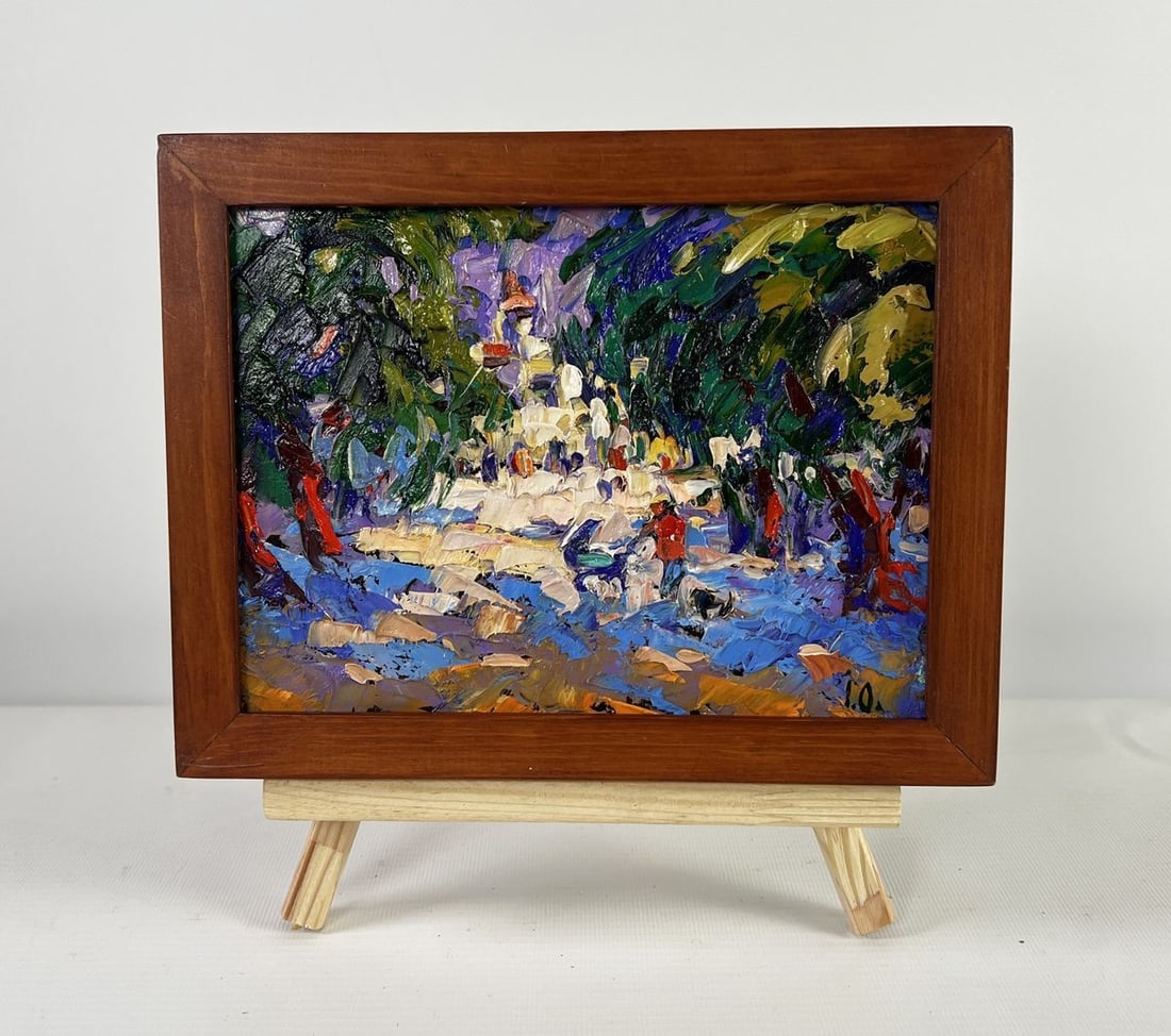 Oil painting A walk among the greenery Alex Kalenyuk: ?AAA5133 The oil painting on Cardboard titled "A walk among the greenery" captures a vivid, almost dreamlike moment of peaceful leisure set in a lush, forested landscape. Executed with expressive pale