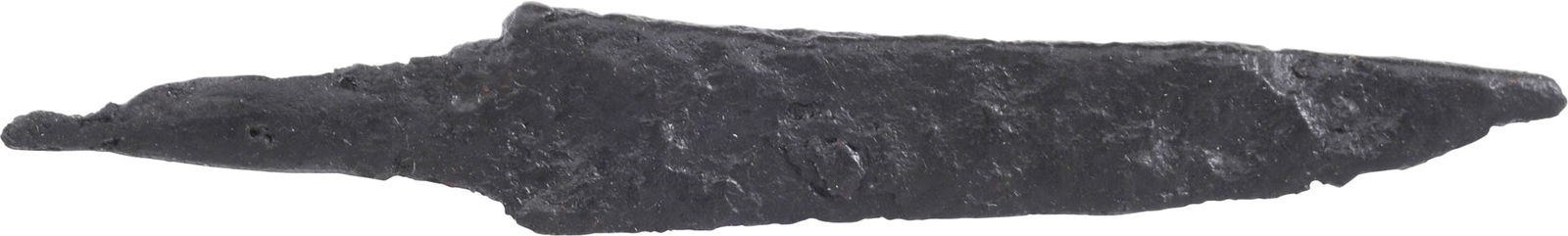 VIKING POUCH KNIFE, 9TH-11TH CENTURY: Slightly over 2 ½" total length. Thin section for slashing. Whittle tang, to secure it to the wood, bone, or antler grip, now perished. Quite crisp with minimal degradation. These side or pouch k