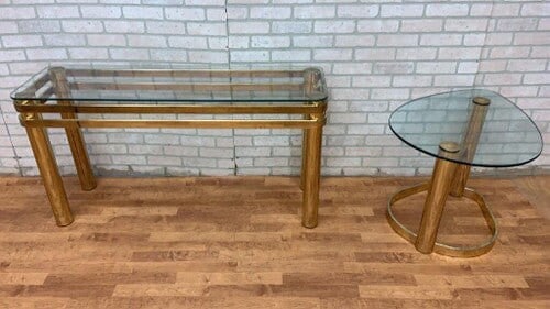 Hollywood Regency Console Table & Side Table by Leon Rosen for Pace - 2 Piece Set: Hollywood Regency Brass and Glass Console Table & Side Table by Leon Rosen for Pace - 2 Piece Set These beautiful pieces deigned by Leon Rosen for Pace are made up of tubular brass and glass. The