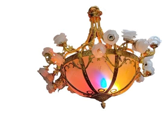 Antique French Belle Louis XIV Style Ornate Brass Etched Frosted Glass Bowl with Frosted Rose Petal: Antique French Belle Époque Louis XIV Style Ornate Brass Etched Frosted Glass Panel Bowl with 24 Frosted Satin Glass Rose Petal Light Shades Chandelier Exquisite French Antique Louis XVI Style, 8