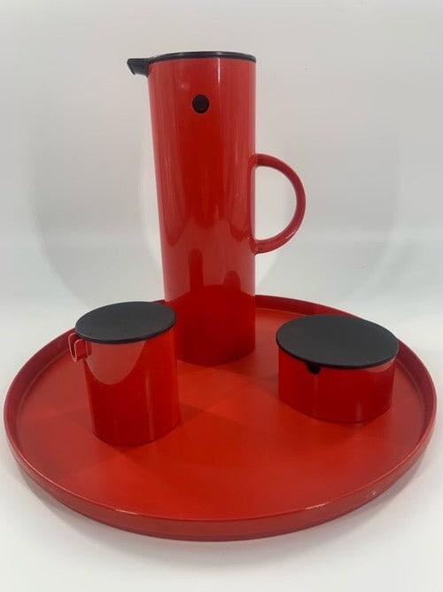Space Age Danish Coffee Set with Tray by Erik Magnussen for Stelton - 4 Piece Set: Space Age Danish Coffee, Sugar, and Creamer with Tray Set by Erik Magnussen for Stelton - 4 Piece Set Space Age coffee set designed by Erik Magnussen for Stelton in a vibrant red color complete with t