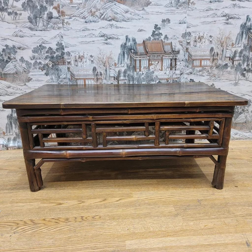 Antique Shanxi Province Elm and Bamboo Small Tea Table: Antique Shanxi Province Elm and Bamboo Small Tea Table This antique elm and bamboo small tea table has its original color and patina. It can be used as a coffee table and is a great piece to brighten