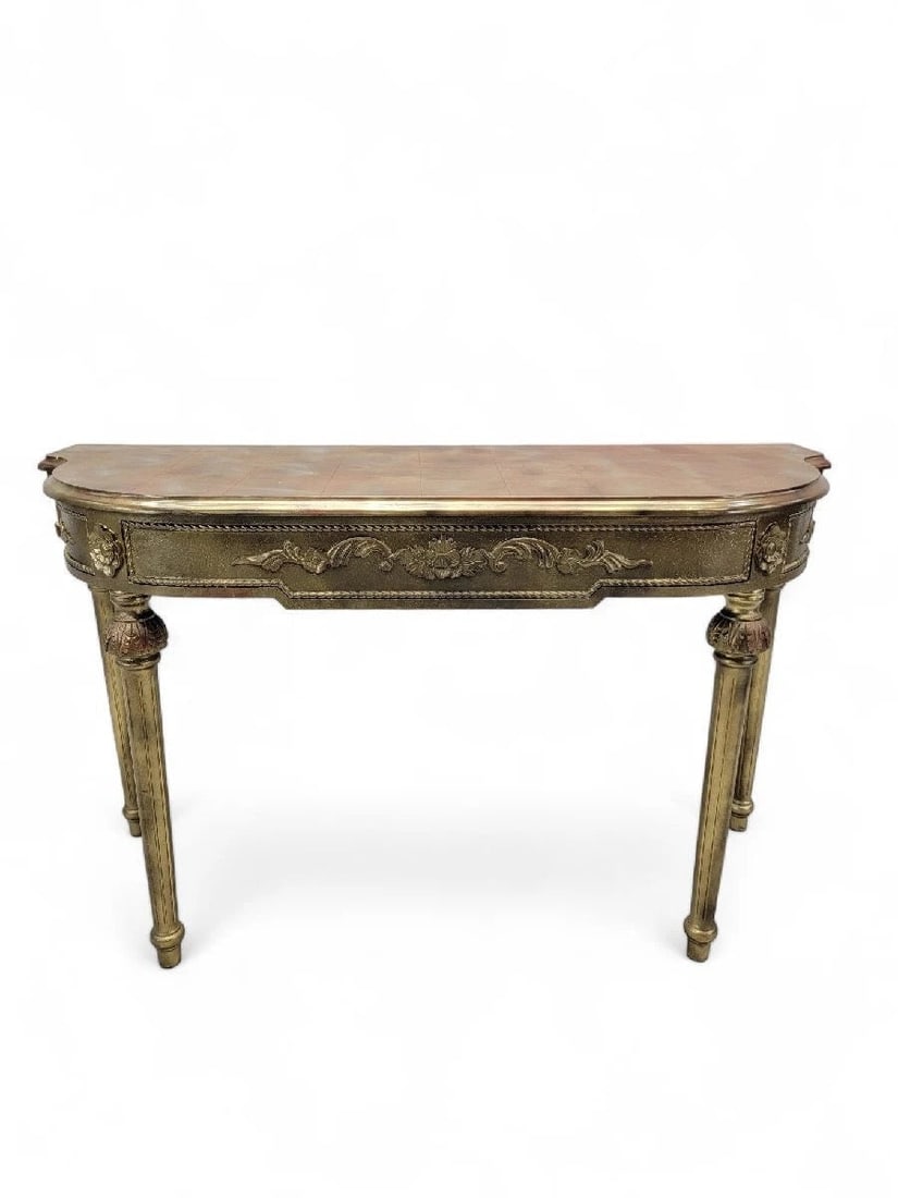 Vintage French Louis XVI Style Gold Gilt Demilune Console Table: intage French Louis XVI Style Gold Gilt Demilune Console Table This vintage gold gilt console table with a rustic patinated finish would look spectacular in your entryway or living room. The table apr