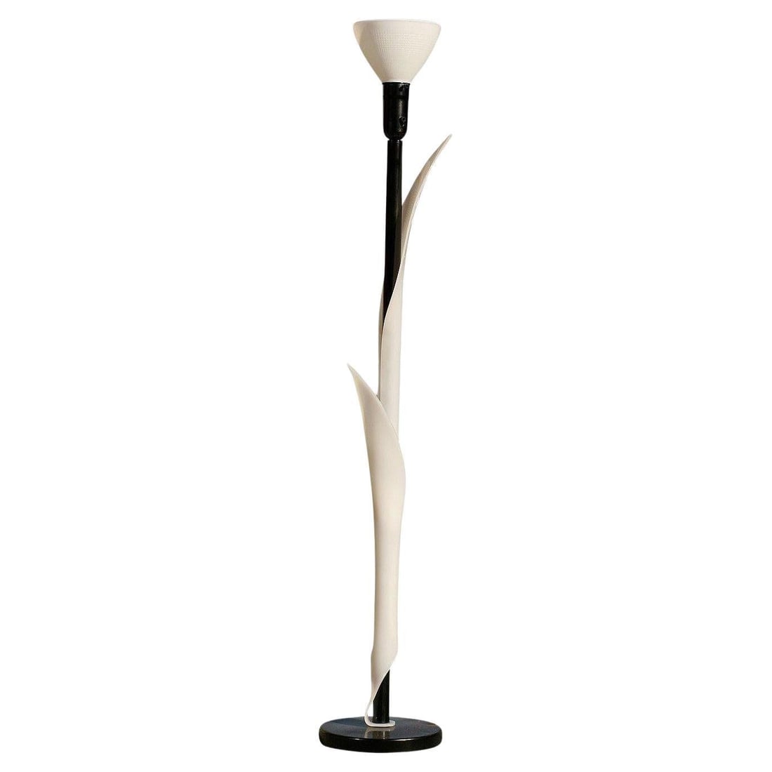 Sculptural Acrylic Floor Lamp by Rougier: About the Item This rare 1970s floor lamp by the Canadian manufacturer, Rougier, features leaf-shaped shafts elegantly rendered in ivory-toned acrylic. The acrylic envelops the brass base and black pa