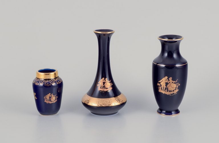 Limoges, France. Three small porcelain vases decorated with 22-karat gold leaf and a beautiful royal (1 of 8)