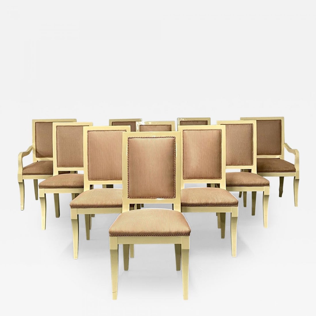 Ron Seff, White Lacquer, Striped Fabric, Ten Modern Dining Chairs, USA, 1970s: Title: Ron Seff, White Lacquer, Striped Fabric, Ten Modern Dining Chairs, USA, 1970s Description: A Set of Ten Custom Lacquered Designer Dining Chairs. Sleek and stylish with straight lines throughout