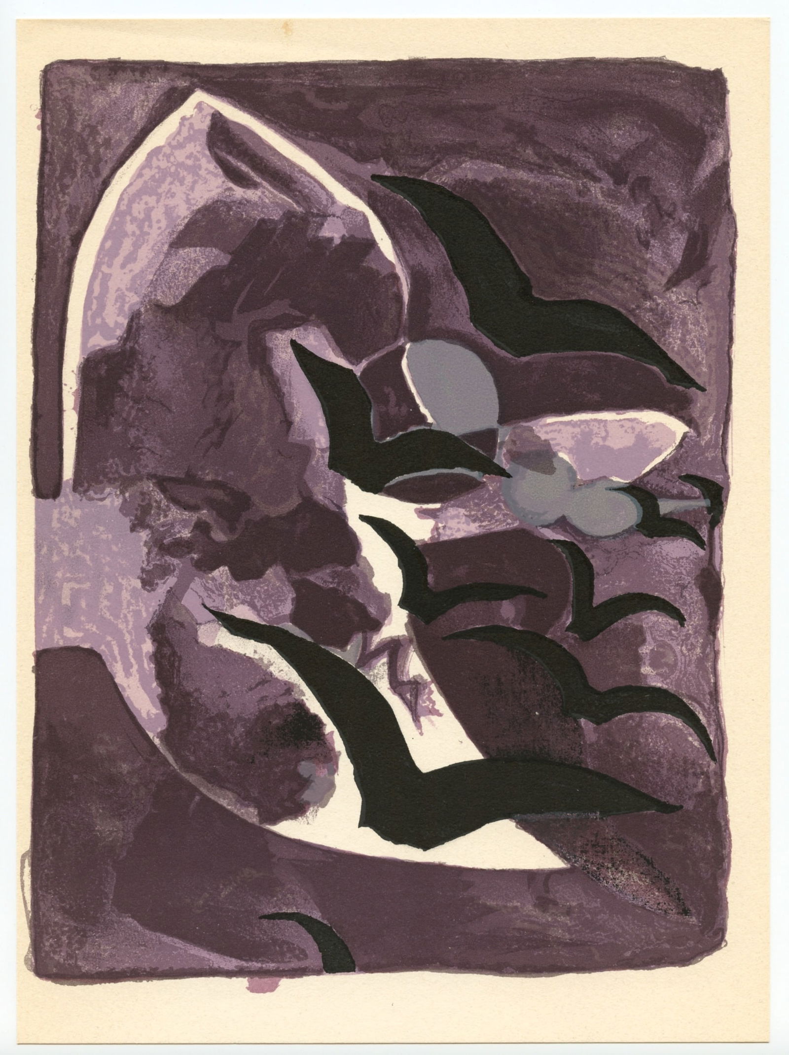 Georges Braque lithograph "Les oiseaux de nuit" Nightbirds: Medium: lithograph (after the gouache). Printed in Paris in 1964 by Mourlot Freres and issued in an edition of 2000 on Arches wove paper. Sheet size: 10 x 7 1/2 inches (255 x 188 mm). This lithograph