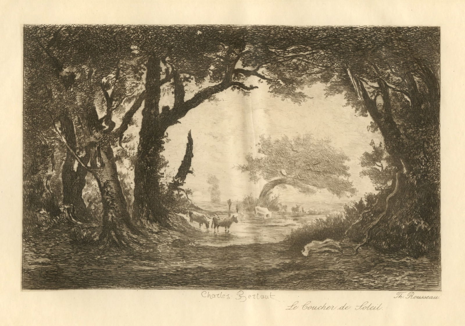 Theodore Rousseau "Le Coucher de Soleil" etching: Medium: etching. Etched by Charles Bertaut after Rousseau and published in 1890 in an edition of 200. This is a nice impression printed on a japon-style paper. The image measures 4 1/4 x 6 5/8 inches