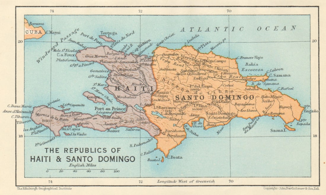 HISPANIOLA. Haiti & Santo Domingo (Dominican Republic) Vintage map 1931: The Republics of Haiti & Santo Domingo'. John Bartholomew & Son. Published 1931. Vintage colour map. Size 9 x 15 cm | 3.5 x 6.0 inches. Condition: Good; suitable for framing. The image shown may h