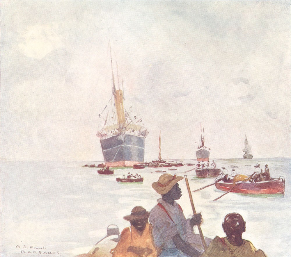 WEST INDIES. Steamers unloading, Barbados 1905 old antique print picture: Steamers unloading, Barbadoes'. From a painting by Archibald Stevenson Forrest. Published 1905. Coloured antique print. Size 12 x 13 cm | 4.5 x 5.0 inches. Condition: Good; suitable for framing. Pleas