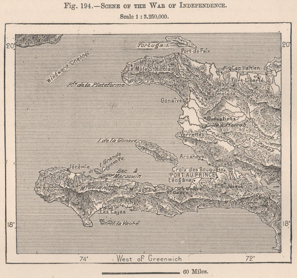 Scene of the war of independence. Haiti. Hispaniola 1885 old antique map chart: Scene of the war of independence'. Engraved for Élisée Reclus. Published 1885. Antique wood-engraved map. Scale 1:3,250,000. Size 11 x 11 cm | 4.0 x 4.5 inches. Condition: Good; suitable for