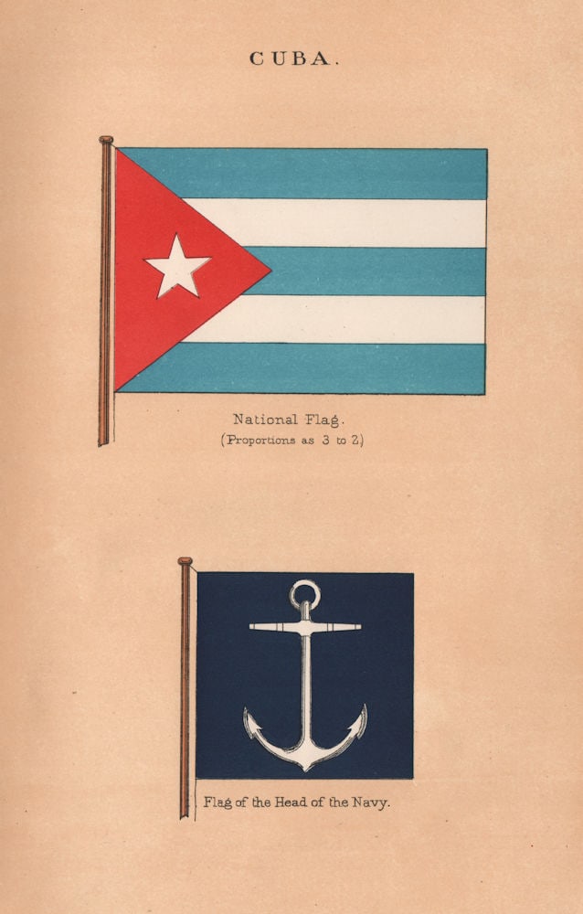 CUBA FLAGS. National Flag. Flag of the Head of the Navy 1916 old antique print: Cuba. National Flag. (Proportions as 3 to 2). Flag of the Head of the Navy' by British Admiralty. Published 1916. Vintage colour lithographic print. Size 24 x 15 cm | 9.5 x 6.0 inches. Condition: Good