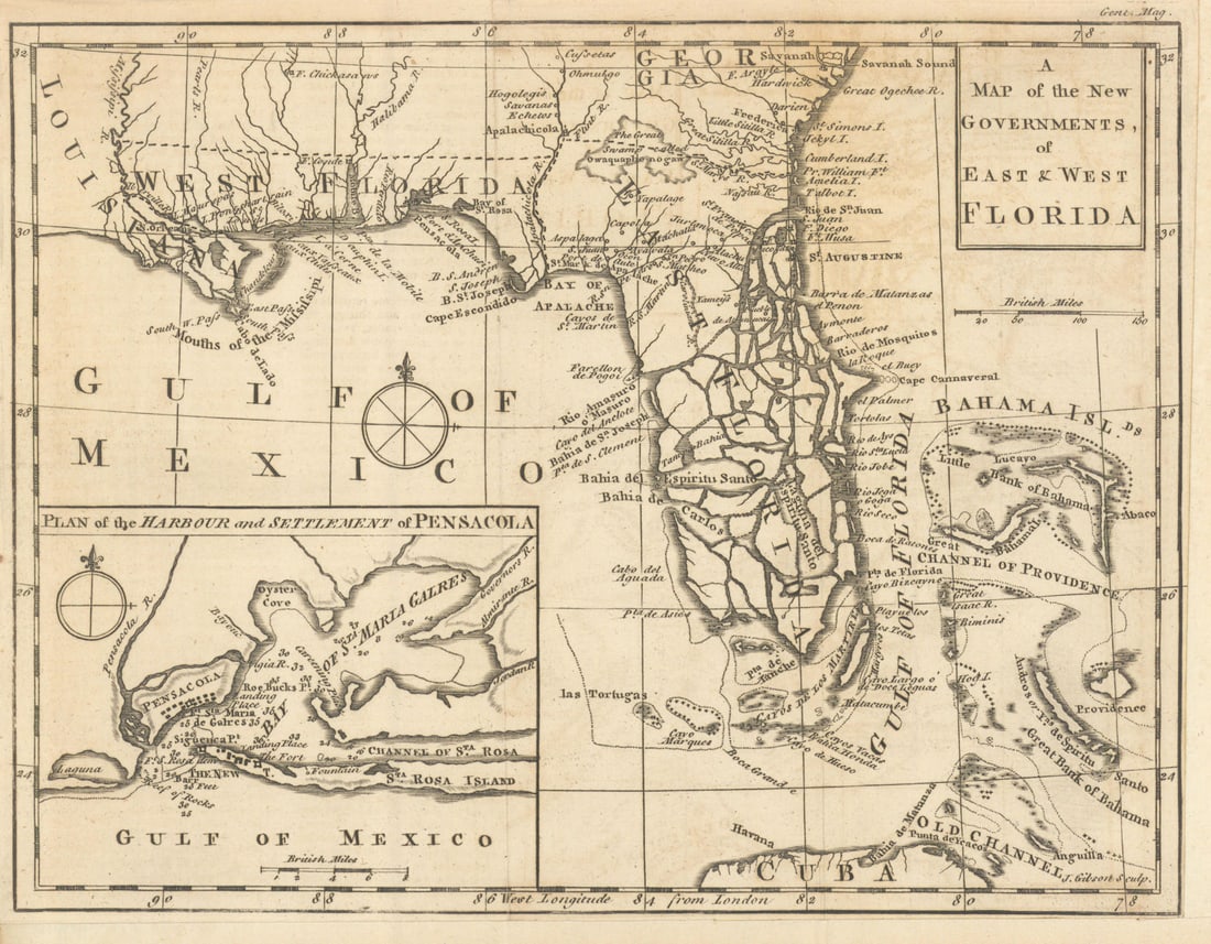 A Map of the New Governments of East & West Florida. Pensacola. GIBSON 1763: A Map of the New Governments of East and West Florida //Plan of the Harbour and Settlement of Pensacola [J. Gibson sc.]. An early map of Florida and the Gulf Coast by John Gibson, published in the Gen