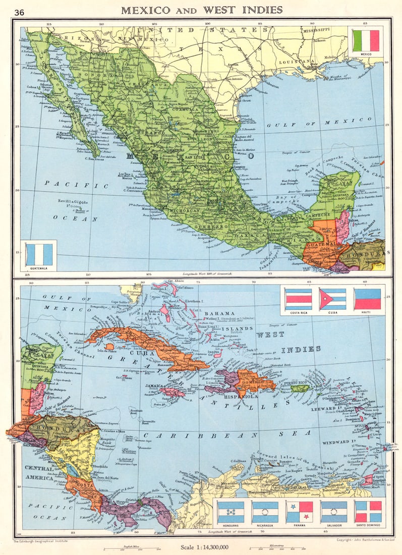 MEXICO & WEST INDIES. Caribbean. Santo Domingo 1938 old vintage map plan chart: Mexico and West Indies' by Bartholomew, John. Published 1938. Vintage colour map. Scale 1:14,300,000. Size 35 x 25 cm | 14.0 x 10.0 inches. Condition: Good; suitable for framing. Please check the scan
