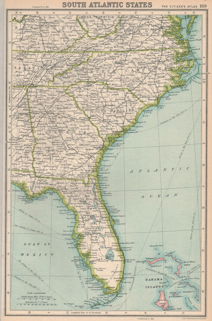 SOUTHEASTERN USA. Florida Georgia North & South Carolina. BARTHOLOMEW 1924 map (1 of 1)
