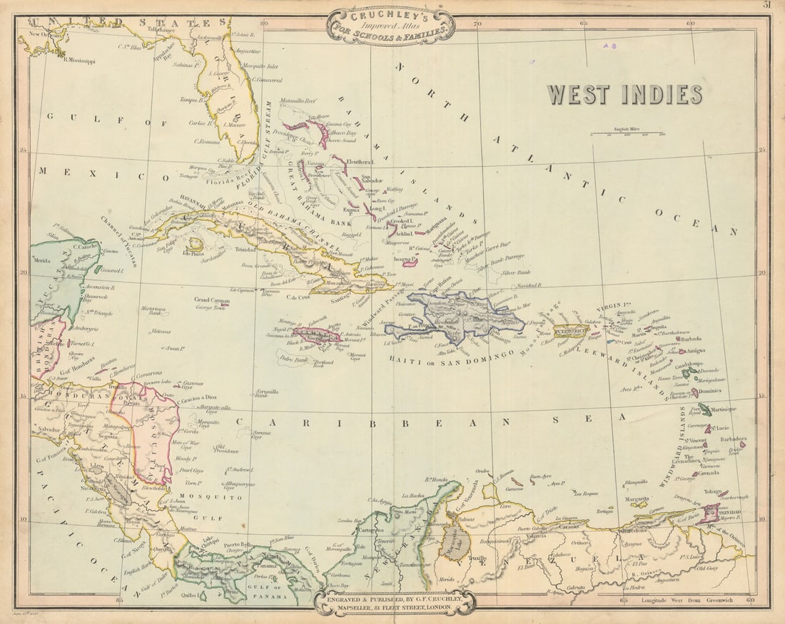 West Indies & Caribbean. Mosquitia. Antique map by George Cruchley 1843: West Indies' by Cruchley, George Frederick. Published 1843 - Engraved 15 June 1842 (this date is printed on the map). Published 1843. Antique hand coloured map. Size 37 x 50 cm | 14.5 x 19.5 inches. C