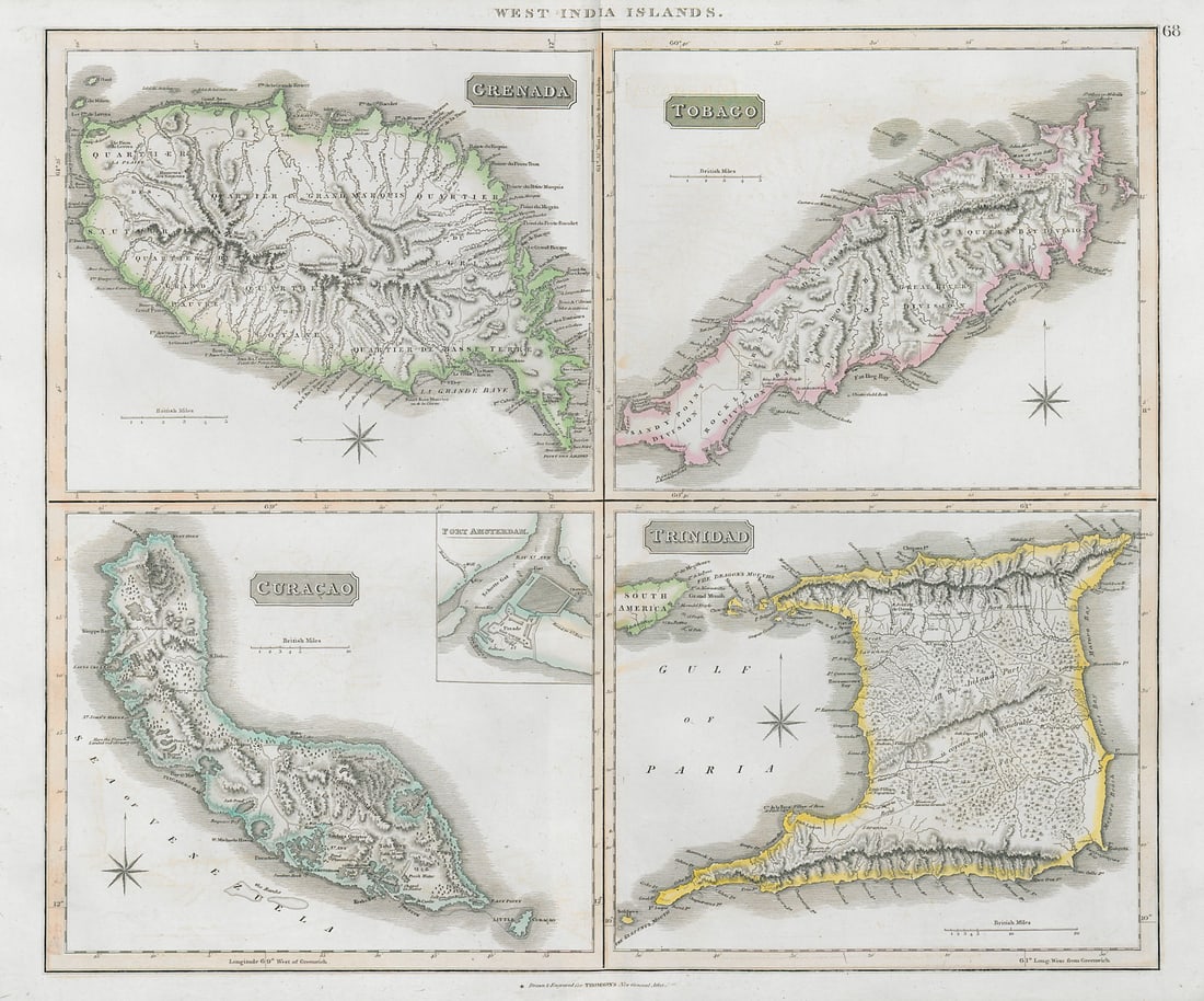 Grenada, Tobago, Trinidad & Curaçao. West Indies Caribbean. THOMSON 1830 map: Grenada // Tobago // Trinidad // Curaçao // Fort Amsterdam'. Drawn & engraved by Samuel John Neele for John Thomson's "New General Atlas". Published 1830. Antique early 19th century atlas map wit