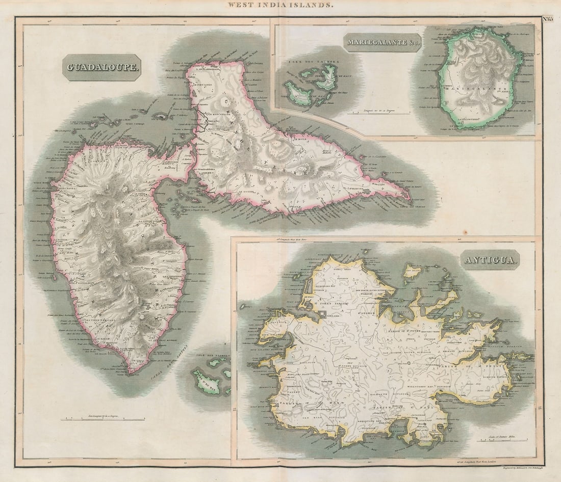 Antigua, Guadeloupe & Marie-Galante. Caribbean West Indies. THOMSON 1817 map: Antigua. Guadaloupe. Mariegalante &c'. A map of the French and British Leeward islands of Guadeloupe, Marie-Galante & Antigua . Drawn & engraved by James Kirkwood & Son for John Thomson's "New