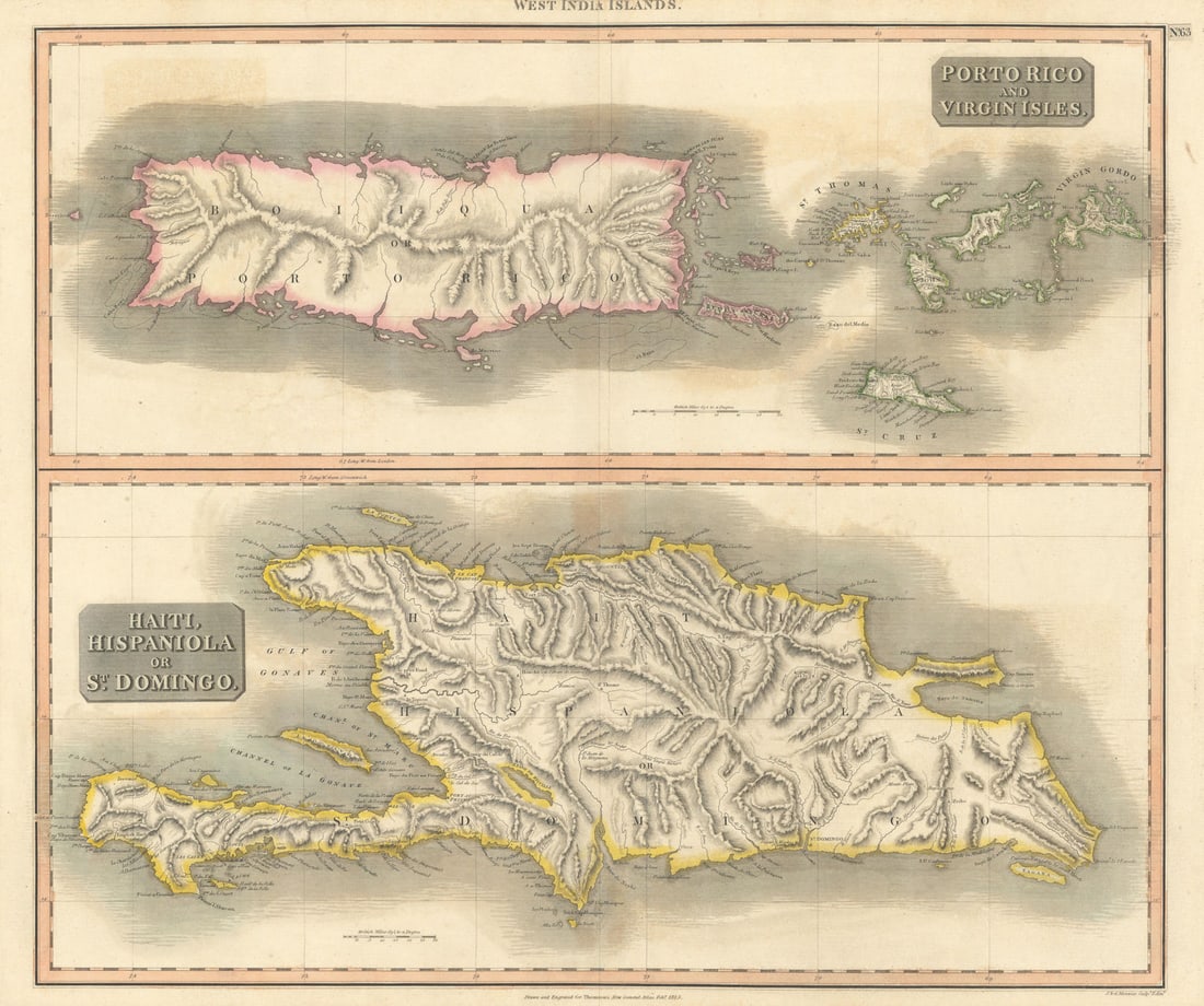 Puerto Rico & Virgin Islands. Haiti, Hispaniola or St. Domingo. THOMSON 1817 map: Porto Rico and Virgin Isles. Haiti, Hispaniola or St. Domingo'. Drawn & engraved by John & George Menzies for John Thomson's "New General Atlas". Published 1817 - Published in 1817. Engraved in Februa