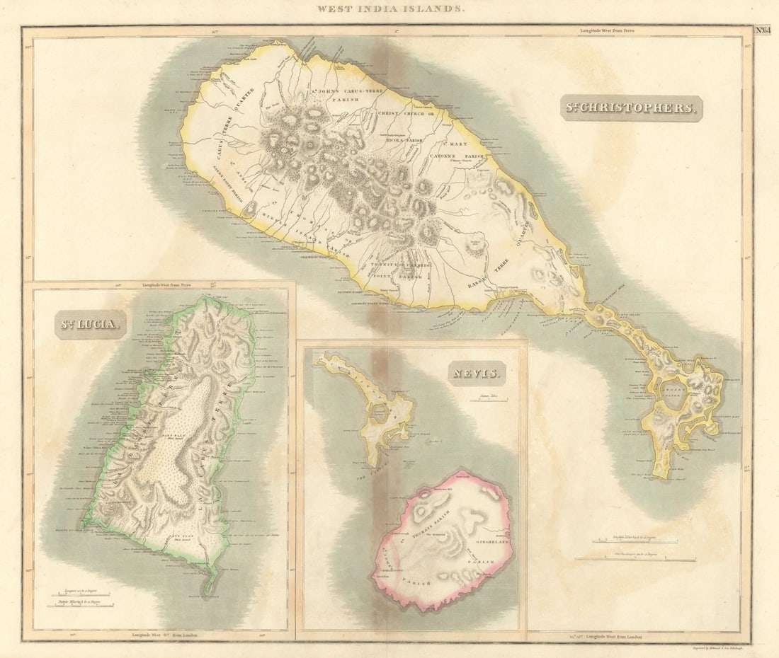 St Christophers, Nevis & St Lucia. St Kitts. West Indies. THOMSON 1817 old map: St Christophers. Nevis. St Lucia'. A map of the British West Indian islands of St Kitts and Nevis, and St Lucia . Drawn & engraved by James Kirkwood & Son for John Thomson's "New General Atlas". Publi