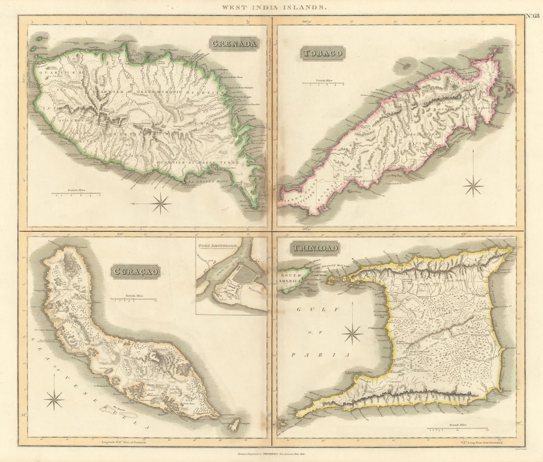 Grenada, Tobago, Trinidad & Curaçao. West Indies Caribbean. THOMSON 1817 map: Grenada. Tobago. Trinidad. Curaçao'. Drawn & engraved by Samuel John Neele for John Thomson's "New General Atlas". Published Published in 1817. Engraved in 1816; this date is marked on the map. A