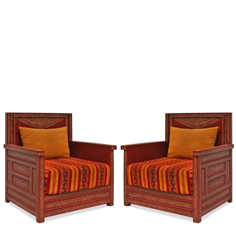 Pair of Vintage Moroccan Armchairs with Handpainted Wood Marquetry: Title: Pair of Vintage Moroccan Armchairs with Handpainted Wood Marquetry Description:This set of two vintage Charles and Ray Eames Time Life Stools, models B & C, exemplifies iconic mid-century desig
