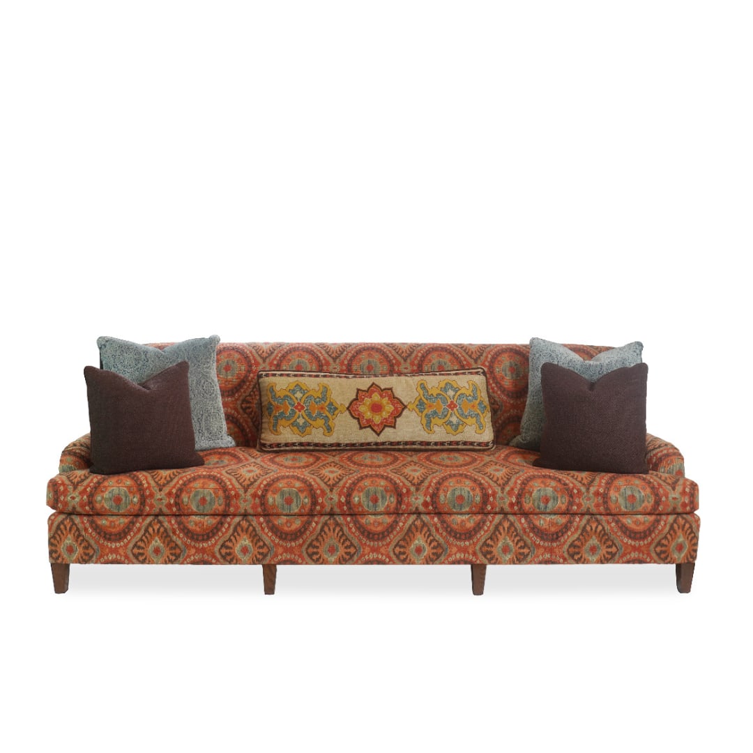 Jonas NY Upholsterer Monte Carlo Sofa with Bursa Suzani Fabric & Custom Pillows: Title: Jonas NY Upholsterer Monte Carlo Sofa with Bursa Suzani Fabric & Custom Pillows Description:A striking example of 1970s design innovation, this Vintage Robert Sonneman for George Kovacs Mid-Cen