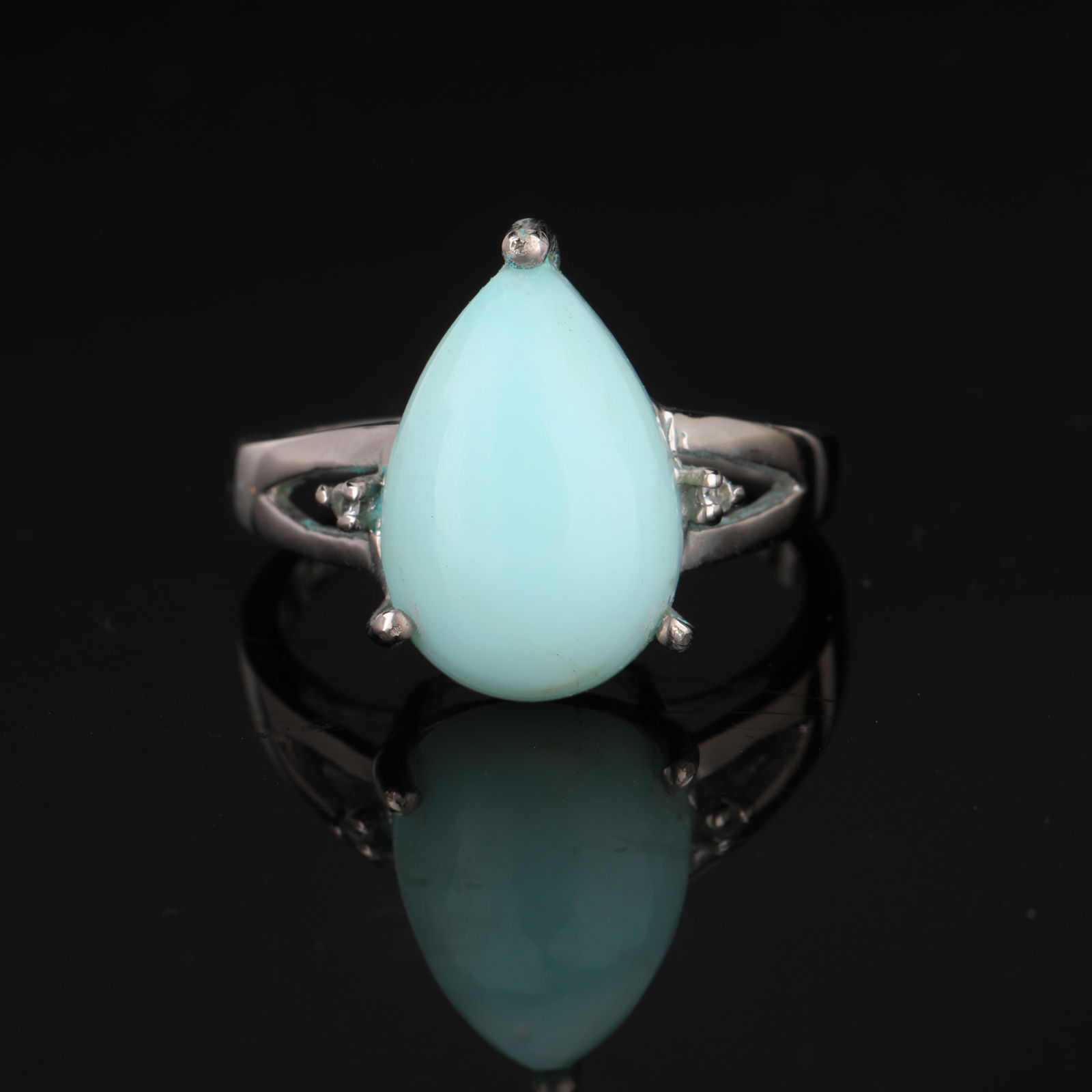 Ring- Dyed Sea Blue Opal CAB Pears 15x10mm - 1Pc + White Topaz Round 1.00mm - 2Pcs (1 of 5)