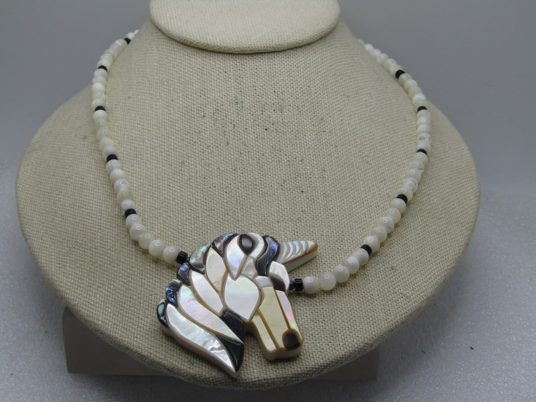 Vintage Lee Sands MOP Unicorn Necklace, Sterling Clasp, 1980's (1 of 7)