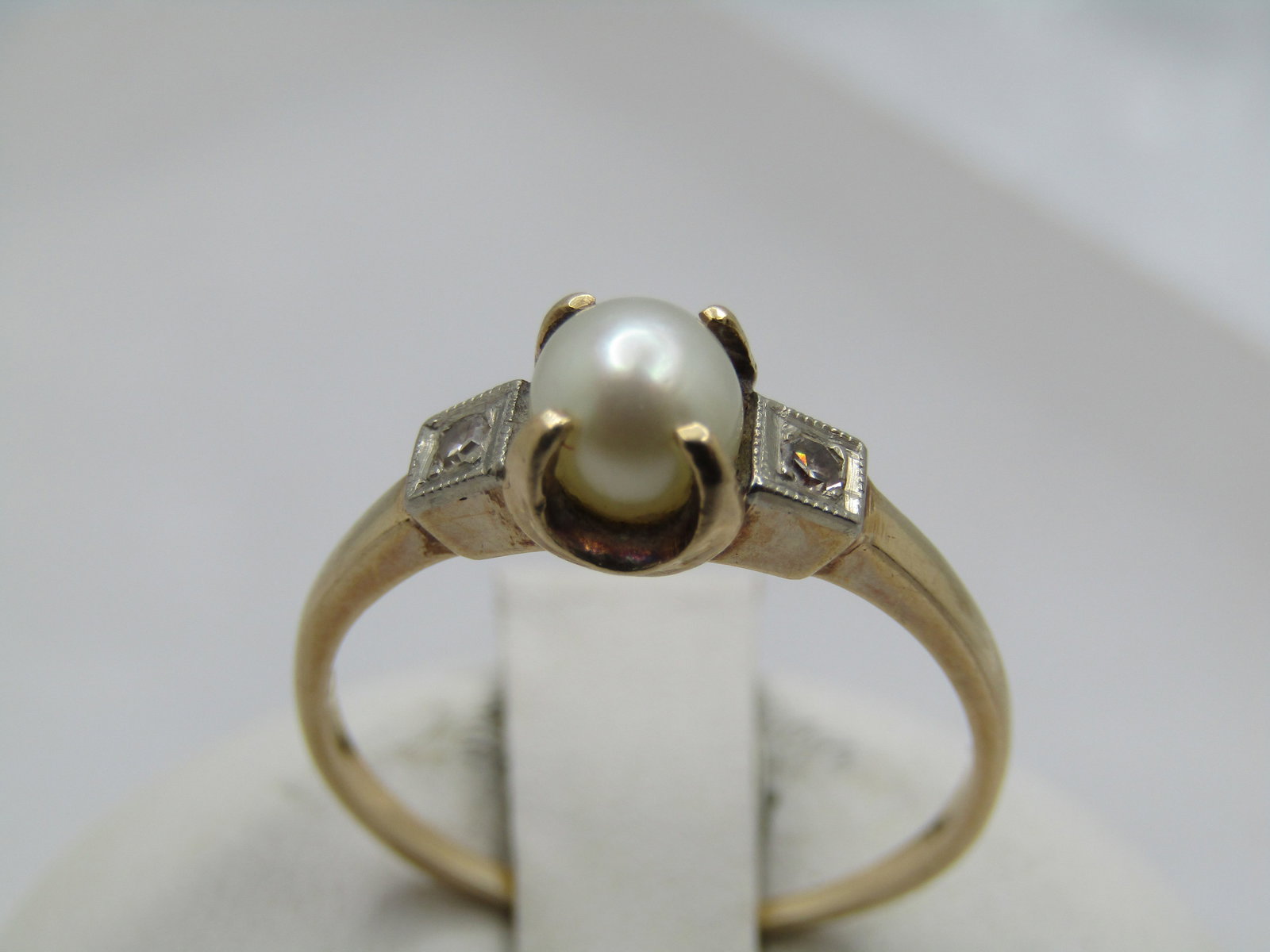 Vintage 10kt Pearl & Diamond Ring, Sz. 8, 1940's. Signed (1 of 7)