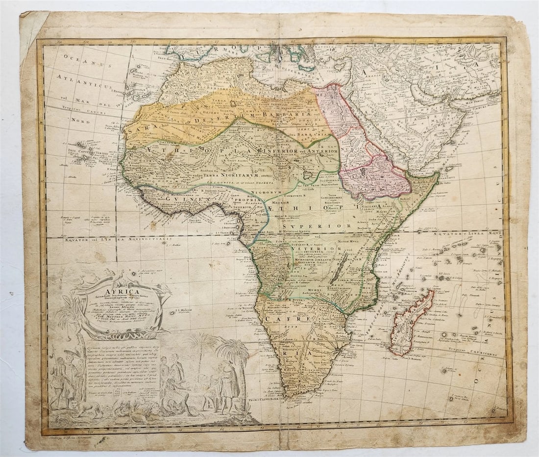 1737 AFRICA antique MAP by Leonis Africani - Matthia Hasso: Johann Baptista Homann Germany, ca. 1664–1724 AFRICA Secundum Legitimas Projectionis Stereographicae regulas . . . ("Africa according to the legitimate rules of stereographic projection" ) Leoni