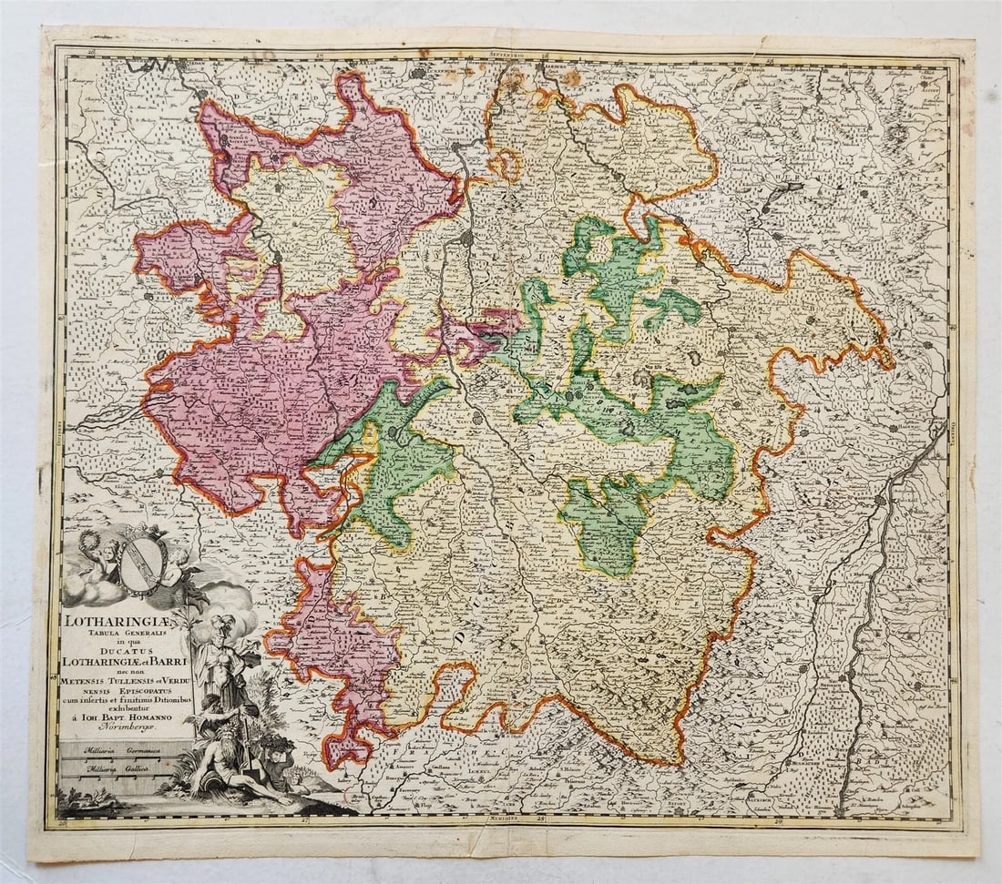 1720s LOTHARINGIAE FRANCE antique MAP by J. HOMANN Lorraine Bar Metz Toul Verdun: Johann Baptista Homann Germany, ca. 1664–1724 LOTHARINGIAE Tabula Generalis in qua ducatus Lotharingiae et Barri Nuremberg: Homann; c. 1720 Duchies of Lorraine and Bar, along with the bishoprics