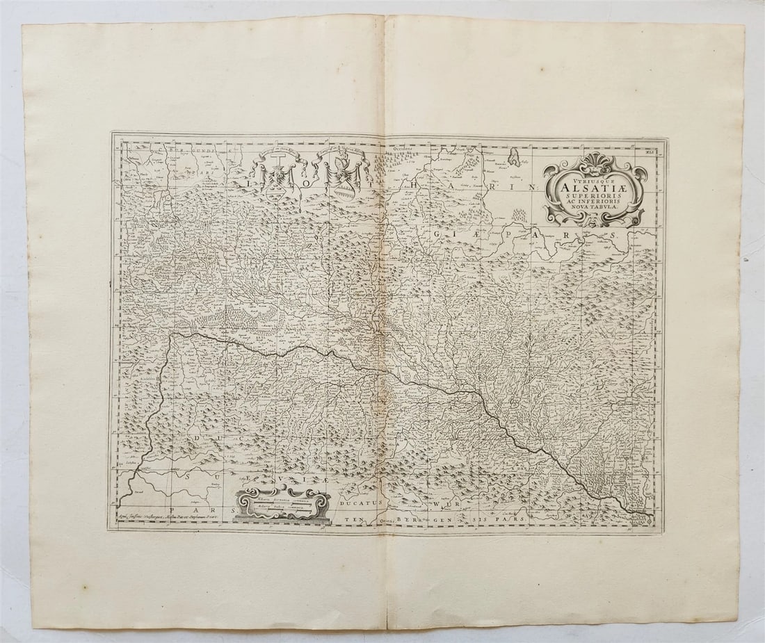 1700s ALSACE FRANCE antique MAP UTRIUSQUE ALSATIAE SUPERIORIS ac INFERIORIS: UTRIUSQUE ALSATIAE SUPERIORIS ac INFERIORIS Map of ALSACE, France c. 1700s Size (plate) 15 by 21 inches Size (sheet) 23 by 27 inches Wide margins Very good condition, fold in the middle Please see my