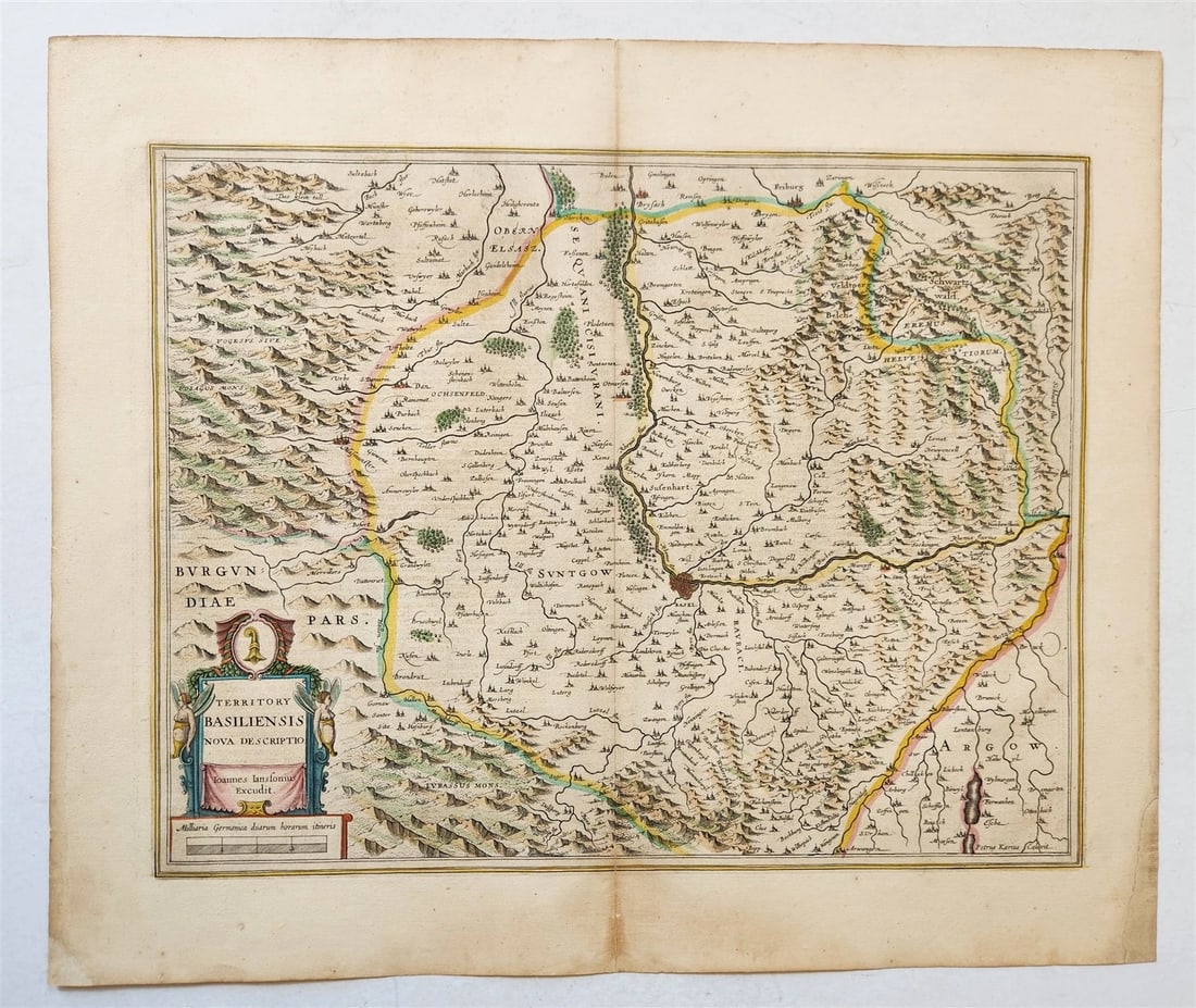 1640 BASEL SWITZERLAND antique MAP Territory BASILIENSIS by Janssonius: Territory BASILIENSIS nova descriptio by P. Kaerius Basel, Switzerland Amsterdam : Johannes Janssonius (1588 - 1664); c. 1640. Size (plate) 15 by 19 inches Size (sheet) 19 1/4 by 23 inches Very good c