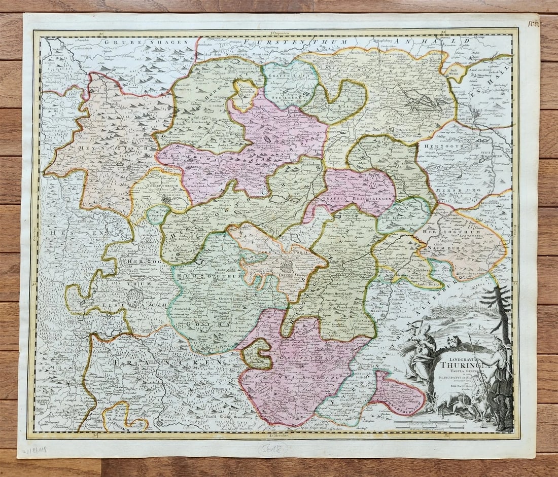 1720s THURINGIA GERMANY antique MAP by JOHANN HOMANN: Johann Baptista Homann Germany, ca. 1664–1724 Landgraviat THURINGIAE Tabula generalis THURINGIA, GERMANY Hand-colored etching on paper, undated (Nuremberg; c. 1720) Size 20 1/2 by 23 3/4 inches