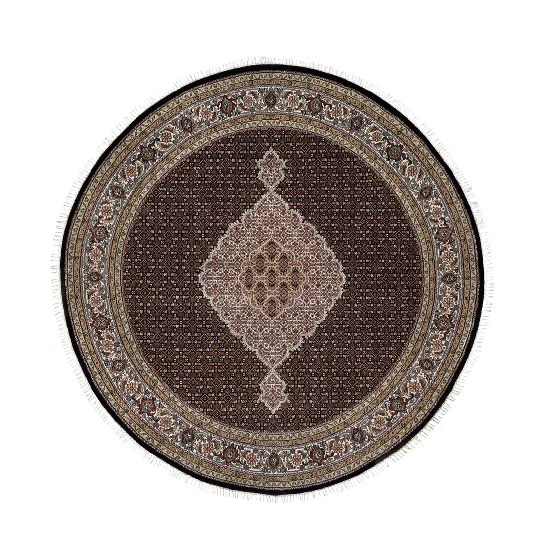 Black Tabriz Mahi Fish Design 175 KPSI Wool Hand Knotted Round Rug: Title: Black Tabriz Mahi Fish Design 175 KPSI Wool Hand Knotted Round Rug Description: This is a truly genuine one-of-a-kind. It has been Knotted for months and months in the centuries-old weaving cra