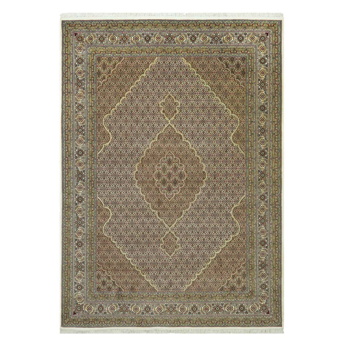 Ivory Tebraz Mahi Fish Design Wool Hand Knotted Oriental Rug: Title: Ivory Tebraz Mahi Fish Design Wool Hand Knotted Oriental Rug Description: This is a truly genuine one-of-a-kind. It has been Knotted for months and months in the centuries-old weaving craftsman