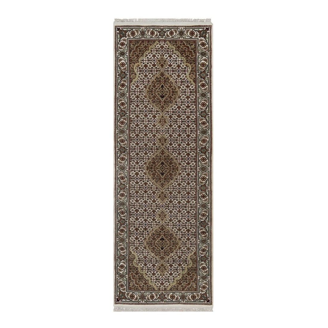 White Tabriz Mahi with Fish Design Hand Knotted Pure Wool Runner Rug: Title: White Tabriz Mahi with Fish Design Hand Knotted Pure Wool Runner Rug Description: This is a truly genuine one-of-a-kind. It has been Knotted for months and months in the centuries-old weaving c