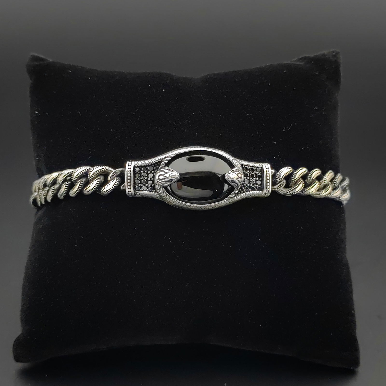 925 Sterling Silver Snake Men's Bracelet with Black Onyx (1 of 7)