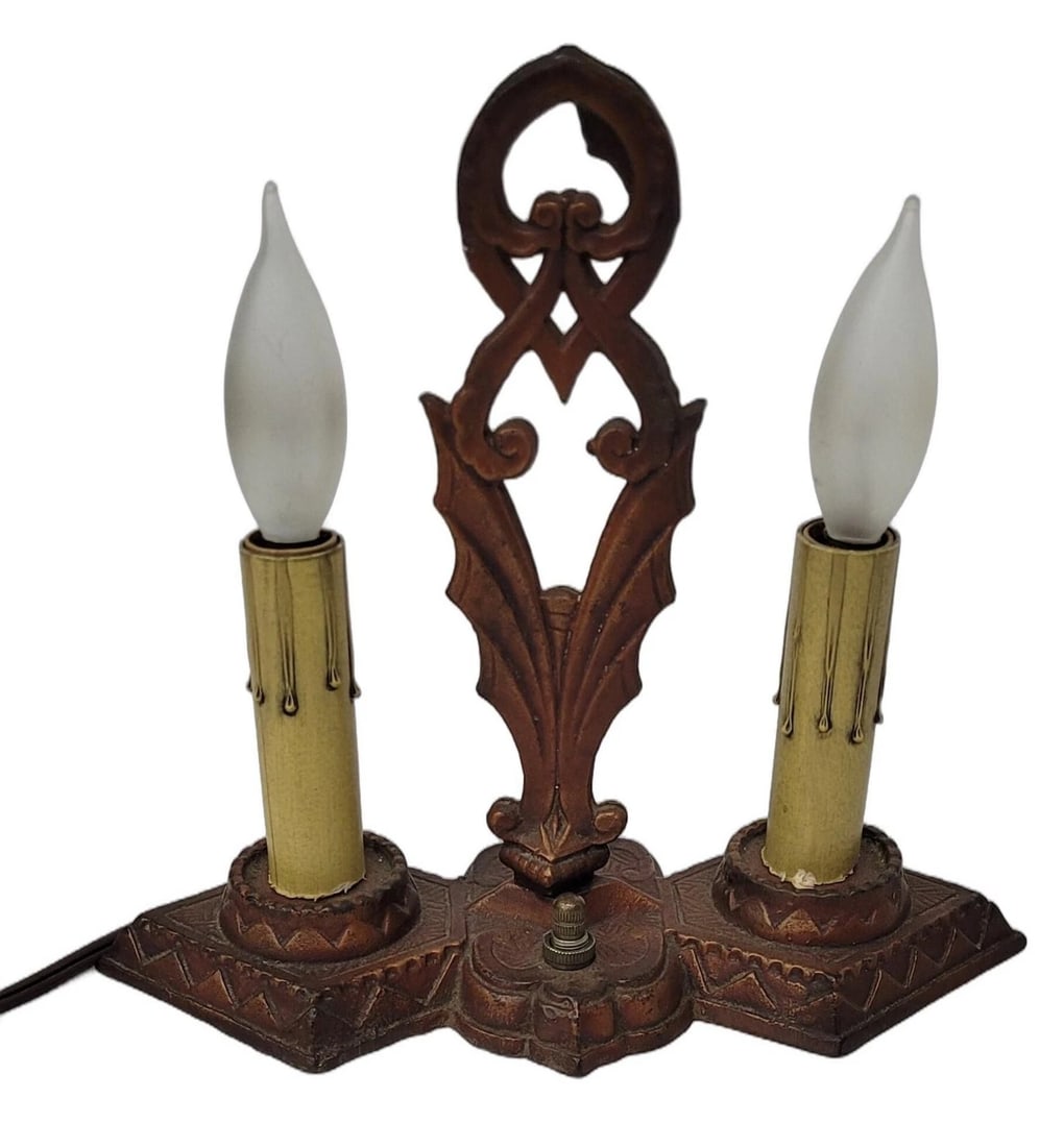 Antique Art Decor Table Dual Arm Desk Lamp Cast Metal Candle Stick Light (1 of 9)