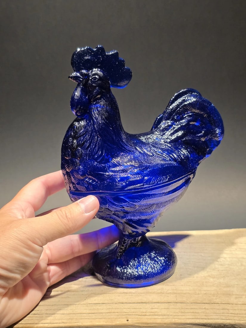 8 1/2" Cobalt Blue Glass Rooster Chicken Hen Candy Dish (1 of 13)