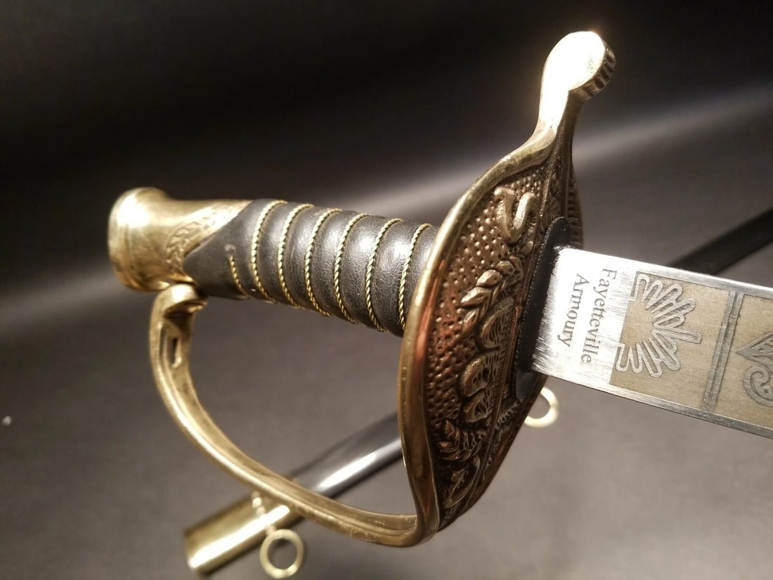 Fayetteville Armory Civil War Officers Confederate CS Sword: 37 1/2" long with steel scabbard Nice Reproduction civil war sword. Dull carbon steel blade "Fayetteville Armory" on one side and "India" on the other as shown in the images... Please see all the imag