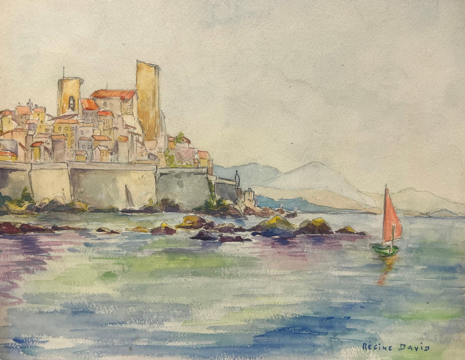 Coastal View of Antibes with Red-Sailed Boat Watercolor Landscape 1938: About the Item Antibes Landscape signed by Regine David (female French artist, 1910-2018) inscribed verso, dated 1938 watercolor painting on artist paper, unframed panting: 8.75 x 11 inches condition:
