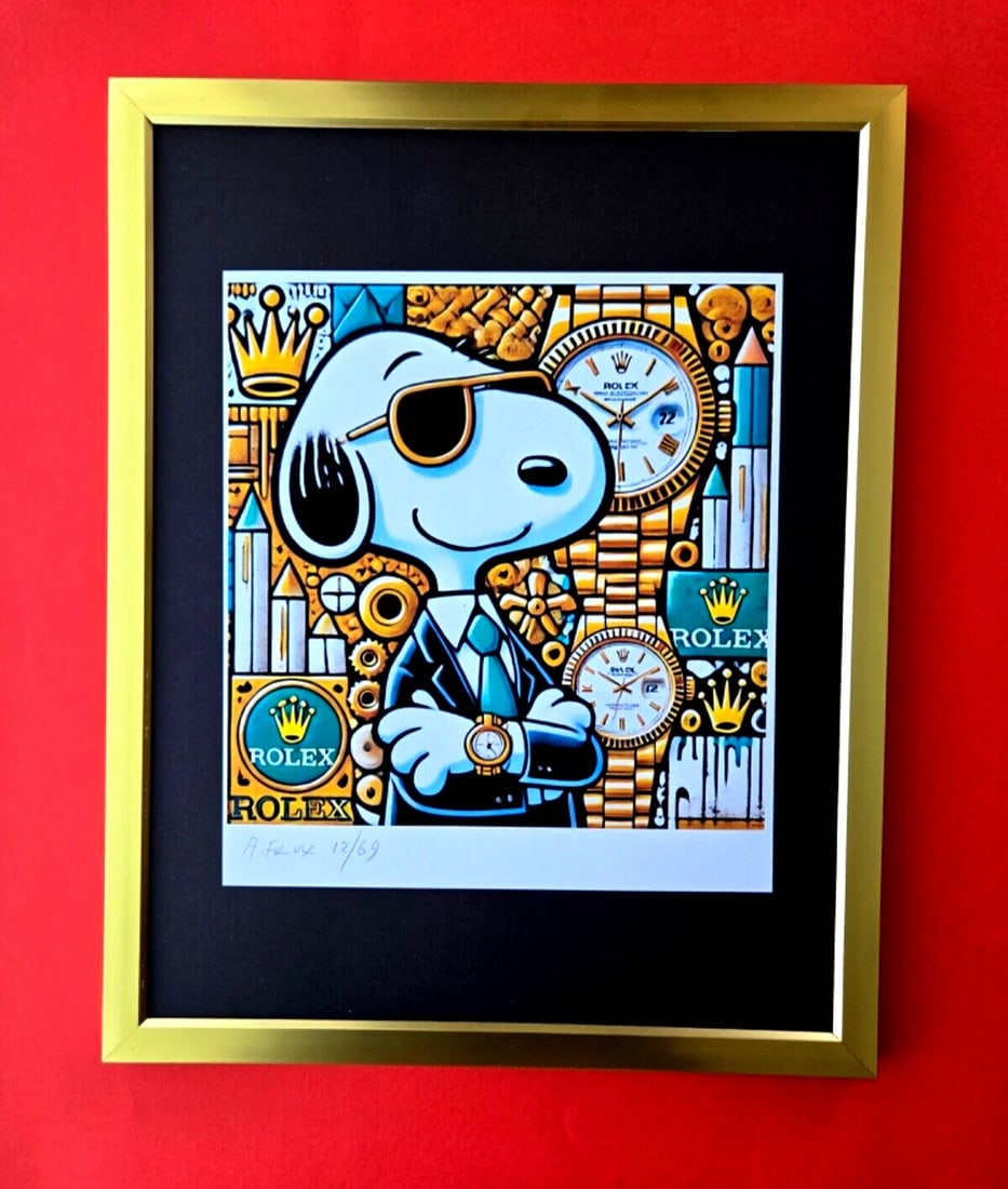 AIDAN FLUX | Hand Signed Print Framed Edition of 69 COA SNOOPY WEARS ROLEX: This is a Stunning and Scarce 100% Authentic New Print by Aidan Flux AIDAN Flux represents a new wave of artists who embrace technology as a partner in creation, crafting works that resonate with the
