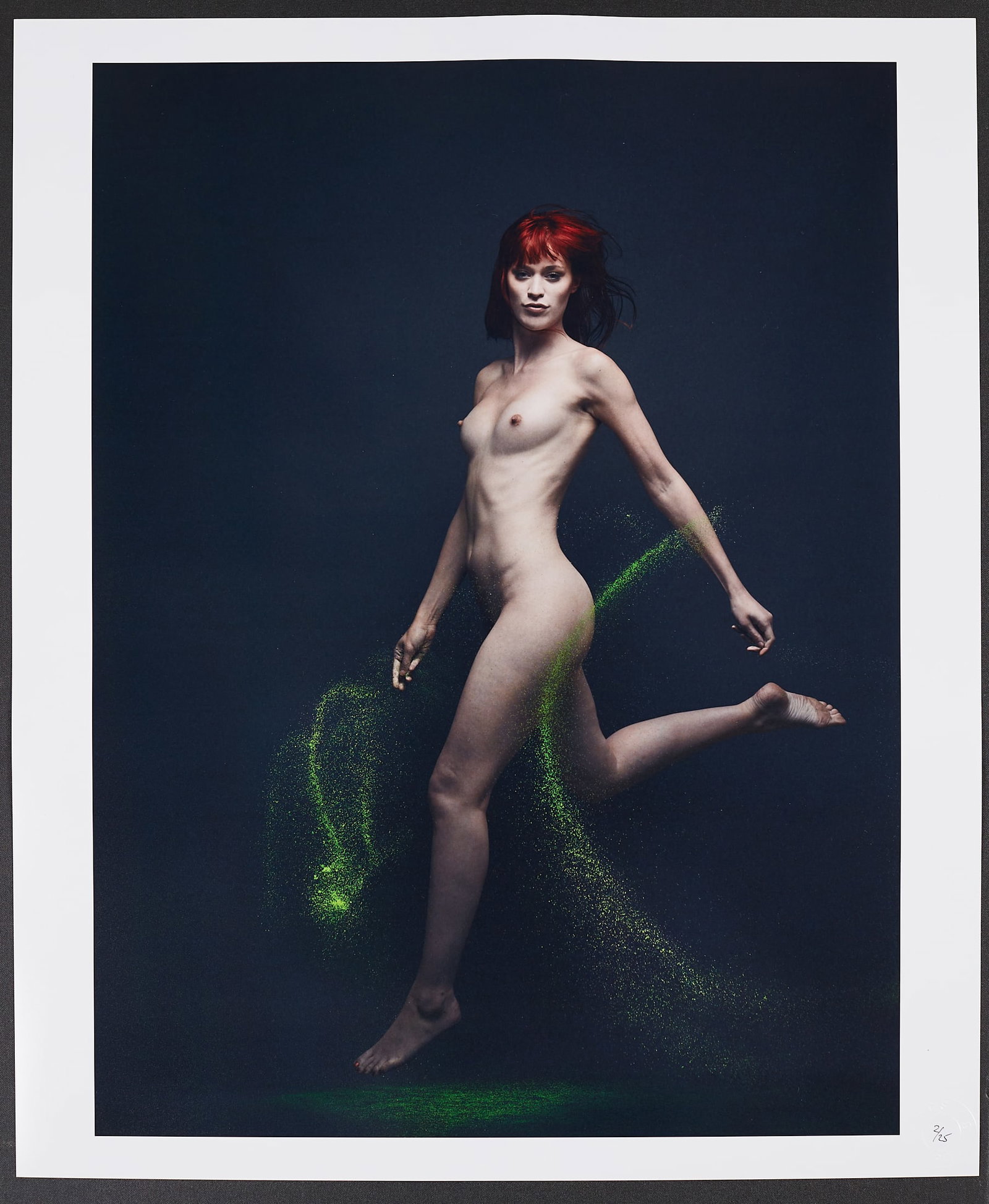 Spiros Polits: Lou In Green 3/25: Title: Lou In Green 3/25 Artist: Spiros Politis (1969-) Period: 2009 Materials: photography Size: 24" x20" Description: This shot of dancer Lou is part of a series of 3 shots exploring the body 'froze