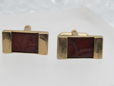 Vintage Gold Tone Leather Cufflinks, 1950's-1960's