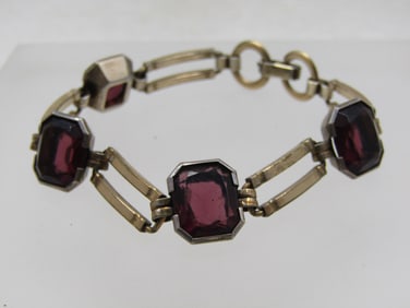 Vintage 1940's Purple Stone Bracelet, 10kt G.F. Signed, 7"